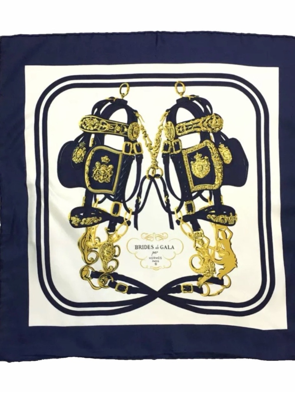 (1) Hermès—“Brides de Gala” Navy Silk Scarf, Vintage